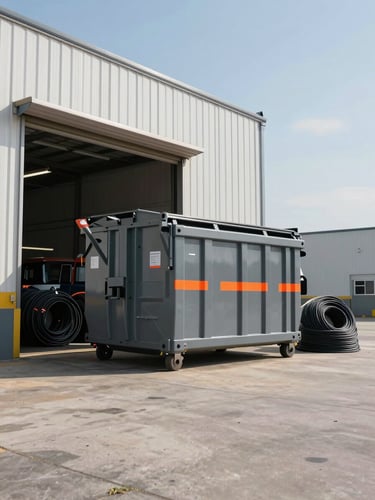 Wide environmental shot of a roll-off dumpster positioned at a loading dock bay, daylight warehouse exterior, bulk equipment and cable bundles being staged beside it, safety-orange markings visible on the container sides, clear sight lines across the facility yard