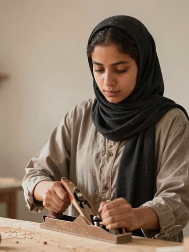 Dignified portrait of Aisha, a young woman, actively engaged in carpentry, focused on her work, holding a hand plane. Natural daylight, warm organic tones, 35mm lens, medium shot capturing her agency and pride.
