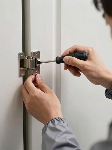 A technician wearing a clean slate gray uniform adjusting a modern door hinge with a precision screwdriver, natural daylight
