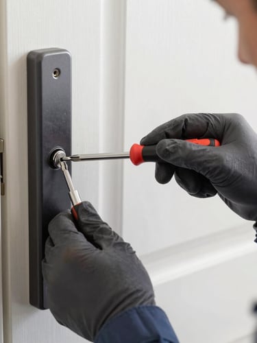Tight macro shot of a professional technician in clean dark gray gear using a precise screwdriver on a modern door lock, bright natural daylight, sharp focus on the tool