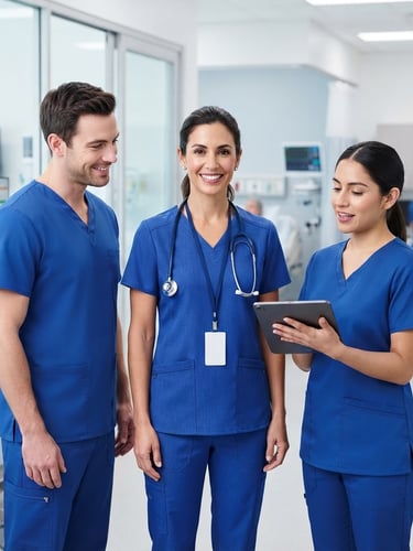 Bright commercial product photography of a professional medical team wearing royal blue fluid-resistant uniforms in a clean modern clinic, studio lighting, sharp focus on fabric texture, 50mm lens