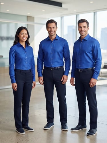 Bright commercial product photography, clean studio lighting, a professional team of three workers wearing matching royal blue corporate uniforms in a modern office lobby, sharp focus on fabric texture, professional corporate colors, 50mm lens