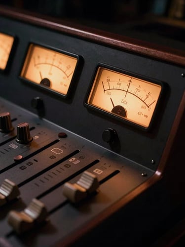 Close-up of a high-end analog audio console with glowing warm meters, low-key gold and copper lighting, deep shadows, elegant cinematic atmosphere, 35mm