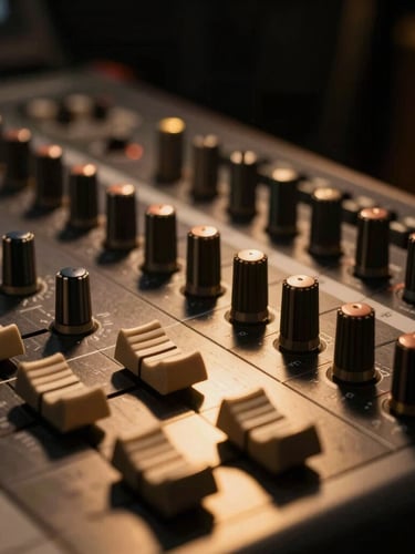 Low-key cinematic shot of high-end analog mixing console knobs, warm gold light reflecting on brushed metal, dark moody studio atmosphere