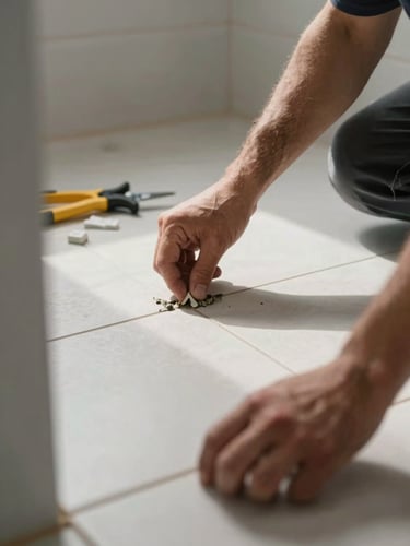Close-up of a contractor's hands installing ceramic floor tile in a bathroom, grout lines visible, natural light from a doorway casting soft shadows across the finished section, tools and tile spacers nearby