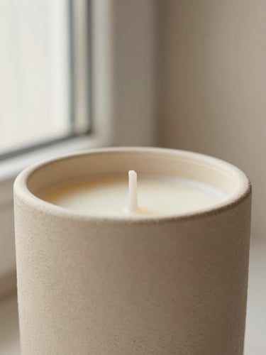 Close-up of hand-poured soy wax candle in a textured beige EcoResin vessel, soft morning window light, warm plaster background, 35mm photography