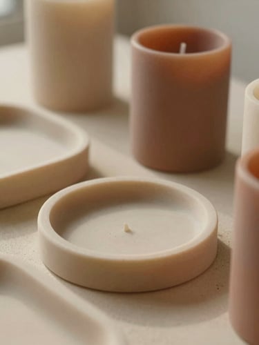 Close-up of cured EcoResin trays and candle vessels in soft beige and terracotta tones, casting gentle shadows on a sandy plaster surface