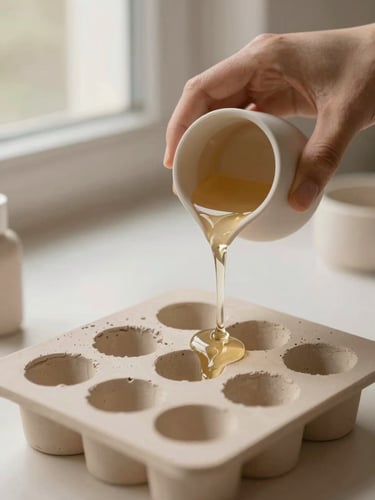 Macro shot of artisan hands pouring warm liquid EcoResin into a handmade silicone mold, soft morning window light, warm plaster textures, muted earth tones