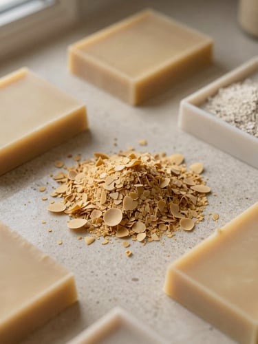 Overhead flat lay of raw soy wax flakes, mineral pigments, and cured EcoResin trays on a stone counter, diffused morning light, warm earth tones, 35mm