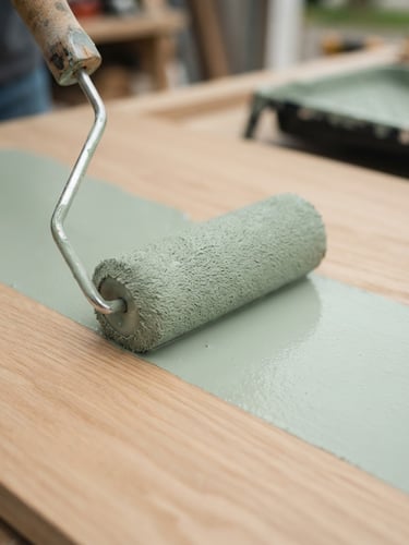 Macro shot of a clean paint roller applying smooth satin-finish sage green paint on a sleek wooden surface, bright natural overcast daylight, high detail, 35mm lens