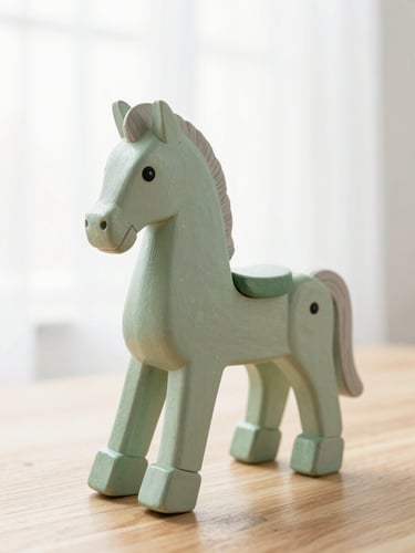 Close-up shot of a beautifully restored wooden toy horse, painted with matte non-toxic pastel green paint, sitting on a clean oak table under soft window light