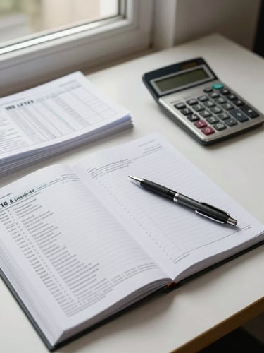 Close-up overhead view of an organized desk: open tax ledger with ruled columns, a pen resting mid-page, and a compact calculator beside a neat stack of printed returns — neutral daylight from a north-facing window, no shadows, studio-clean surface.