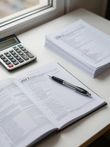 Close overhead shot of an organized desk: open tax return ledger, a pen resting mid-page, neat stacks of printed compliance documents beside a calculator — neutral daylight from a north-facing window, no shadows, clean white surface