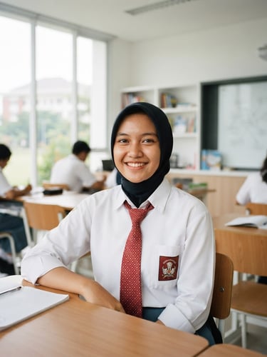 Indonesian student in clean uniform smiling confidently, bright natural daylight, clean modern classroom background, professional and optimistic atmosphere, 35mm lens