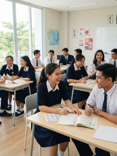 Indonesian students in clean dark blue uniforms practicing Japanese in a modern bright classroom, looking optimistic, 35mm lens, sharp focus