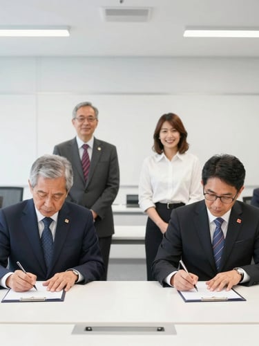 Official signing of partnership between Indonesian agency and Japanese representatives in a bright, modern corporate room, professional atmosphere, natural daylight