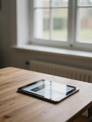 A calm UK home interior, soft natural daylight filtering through a window, a clean wooden table with a digital tablet showing a secure interface, 35mm editorial photography.