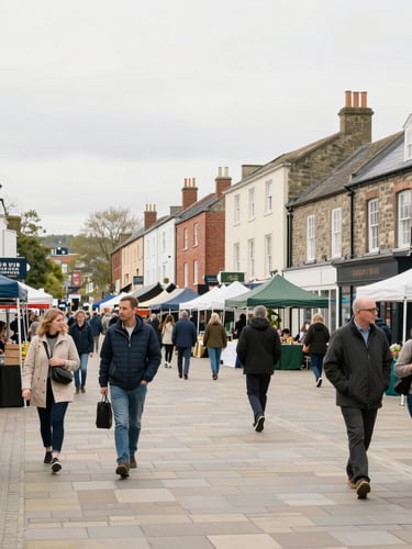 A wide environmental shot of a diverse UK community market, people walking and talking in a calm, historic town square, soft overcast daylight, 35mm