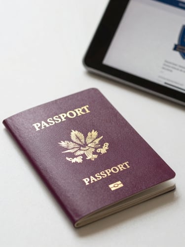 Close-up of a clean, organized desk with a passport, a tablet showing a secure official portal, soft natural daylight, 35mm.