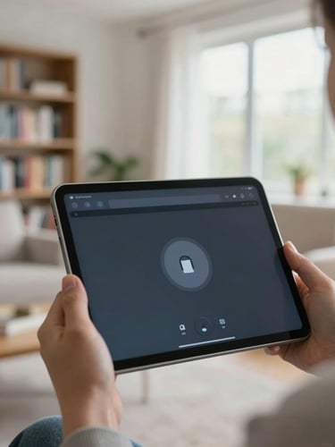 A close-up of a secure digital interface on a tablet held by a person in a brightly lit, modern UK home library, soft overcast daylight, 35mm