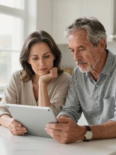 Authentic editorial photography of a mature UK couple sitting in a bright, sunlit kitchen, looking at a tablet with expressions of relief and calm, soft natural daylight, 35mm