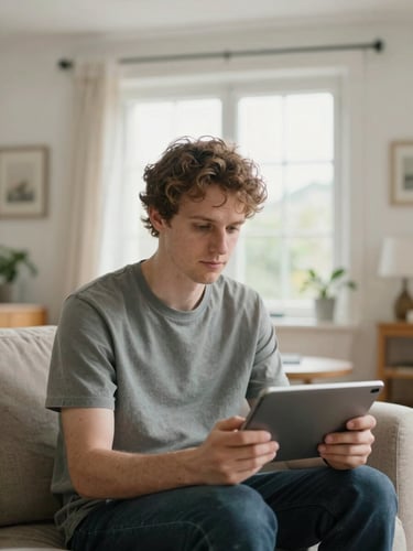 A reassuring medium shot of a UK citizen in a warm, naturally lit living room, looking calmly at a tablet, soft overcast daylight, clean composition, 35mm.