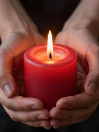Close-up macro shot of hands gently holding a burning red candle, warm candlelight illuminating soft-focus fingers, dark background