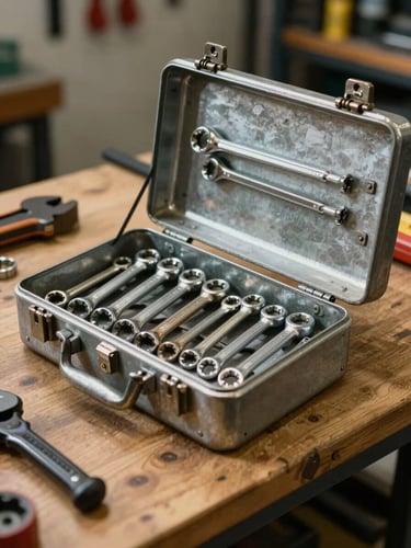 Primer plano de una caja de herramientas metálica abierta y perfectamente ordenada sobre un banco de trabajo de madera, con llaves inglesas y destornilladores alineados bajo luz natural de taller.