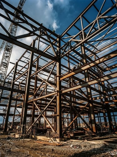 Low-angle architectural photograph of a massive structural steel warehouse skeleton under construction, dramatic shadows, natural daylight cutting through heavy steel beams, 35mm