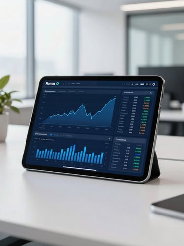 Modern corporate office clean environment, a high-resolution financial dashboard displayed on a sleek tablet in sharp focus, cool blue tones, bright natural light, 35mm lens