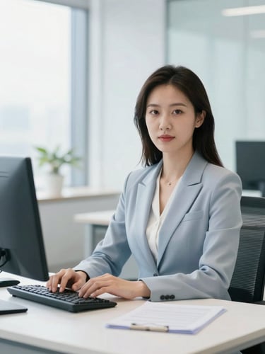 A professional female financial consultant sitting at a clean modern desk, looking confidently at the camera, bright natural office lighting, cool blue and clean white tones, sharp focus, 35mm lens