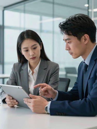 A collaborative strategy session in a modern bright glass office, two professionals analyzing financial data on a tablet screen, cool blue tones, sharp focus, 35mm lens