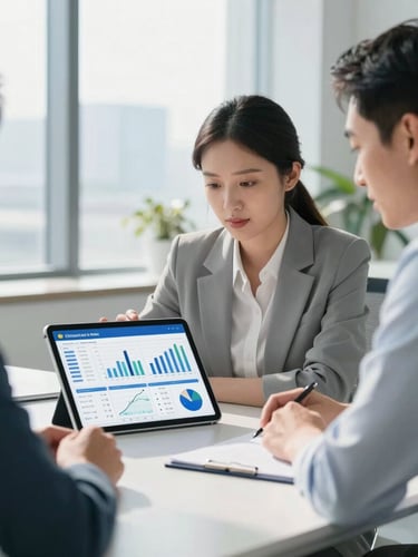 A modern corporate office meeting room, two professionals looking at a clean financial dashboard on a tablet screen, bright natural daylight, cool blue tones, sharp focus, 35mm lens