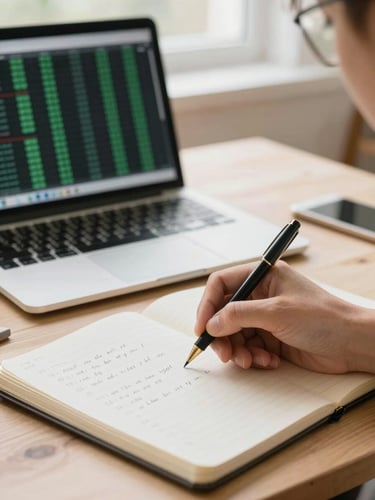 A person's hand writing calculations in a paper notebook next to a laptop displaying a green data chart, soft natural daylight, shallow depth of field