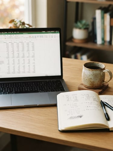 A clean wooden desk with a laptop showing a spreadsheet of earnings, a ceramic coffee mug next to a notebook with handwritten calculations, soft morning light, 35mm