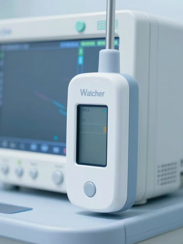Close-up of the physical ICU Watcher clip-on hardware device attached to a standard hospital multipara monitor, clean clinical setting, bright sterile studio lighting, high-contrast clinical blue tones, sharp focus macro, 50mm