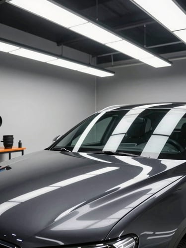 A high-resolution, bright overhead LED shot of our clean garage bay setup in Nampa, showing professional detailing equipment and a flawless dark vehicle reflecting the overhead light bars.
