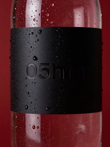 Macro close-up of premium glass water bottle with custom embossed black label, crisp condensation droplets, dramatic low-key red studio lighting, 85mm