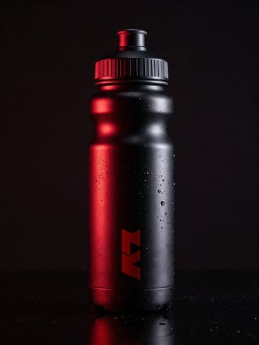 Low-angle heroic product shot of a sleek custom-branded water bottle on a black reflective surface, deep red highlights, sharp studio lighting.
