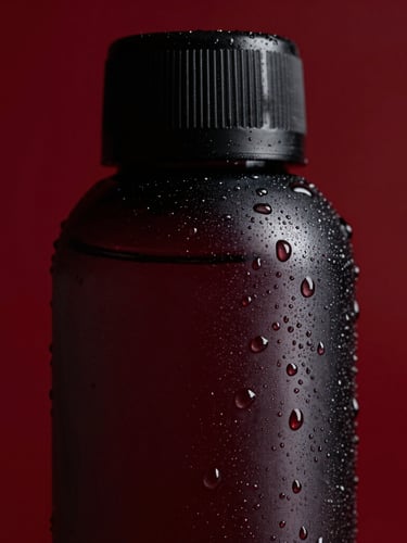 Macro close-up of a premium Drip Water bottle, sharp condensation droplets reflecting studio light, deep crimson background, 85mm portrait