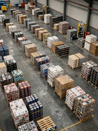 Overhead wide-angle view of a large warehouse floor — organized inventory zones clearly delineated by floor markings, pallets of goods stacked at scale in multiple product categories, neutral fluorescent lighting, active operations with loading equipment visible, no staged personnel, depth and volume dominate the frame