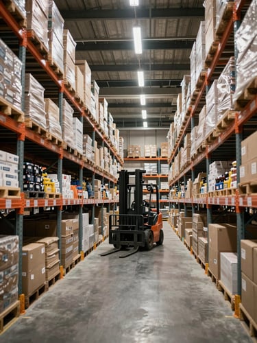 Wide environmental shot inside an active warehouse — long rows of fully stocked industrial shelving recede into the distance, fluorescent overhead lighting casting even neutral light across labeled inventory boxes, a forklift visible mid-aisle, no people posed, framed to bleed right edge of canvas