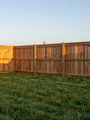 Wide environmental shot of a completed Stillwater backyard showing a sturdy cedar fence and a freshly mowed lawn under warm golden hour light.