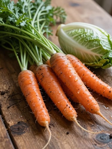 Wide-angle, natural-light shot of freshly harvested heirloom carrots and chicory on a rustic wooden table, soft Scandinavian morning light from the side, rich textures of soil and water droplets.