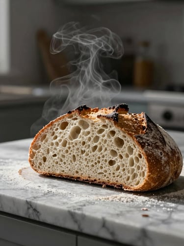 Tactile macro shot of a sourdough loaf sliced open on a floured marble pastry counter, soft natural side-lighting, steam rising, moody Scandinavian kitchen atmosphere.