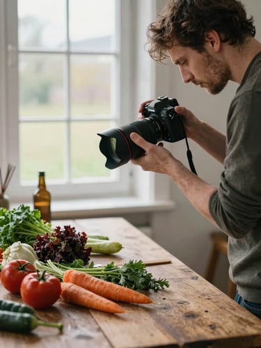 Candid behind-the-scenes shot of a photographer adjusting a camera lens over a rustic table of fresh heirloom vegetables, soft Scandinavian daylight from a large window, professional culinary content creation.