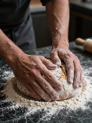 Low-key, natural light close-up of a baker's hands dusted with white flour, kneading sourdough on a dark marble pastry counter