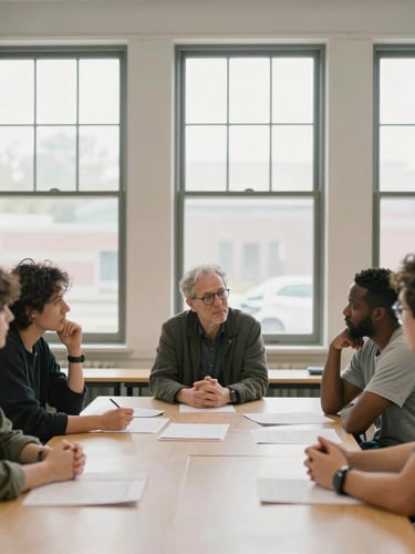 Naturally lit community workshop space in Indianapolis, researchers and local leaders in unposed discussion around a table with papers, soft window light, muted organic tones, 35mm lens