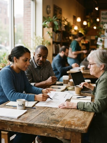 Naturally lit community space in Indianapolis, researchers and local organizers collaborating around a wooden table with data charts, warm diffused daylight, honest editorial photography, 35mm lens, shallow depth of field
