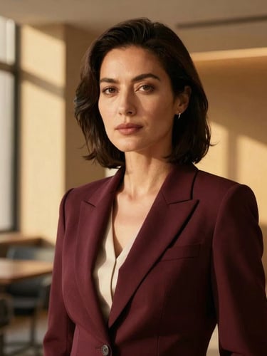 Elegant medium close-up of a confident female executive in a modern architectural workspace, warm directional window light, rich burgundy tones, 35mm